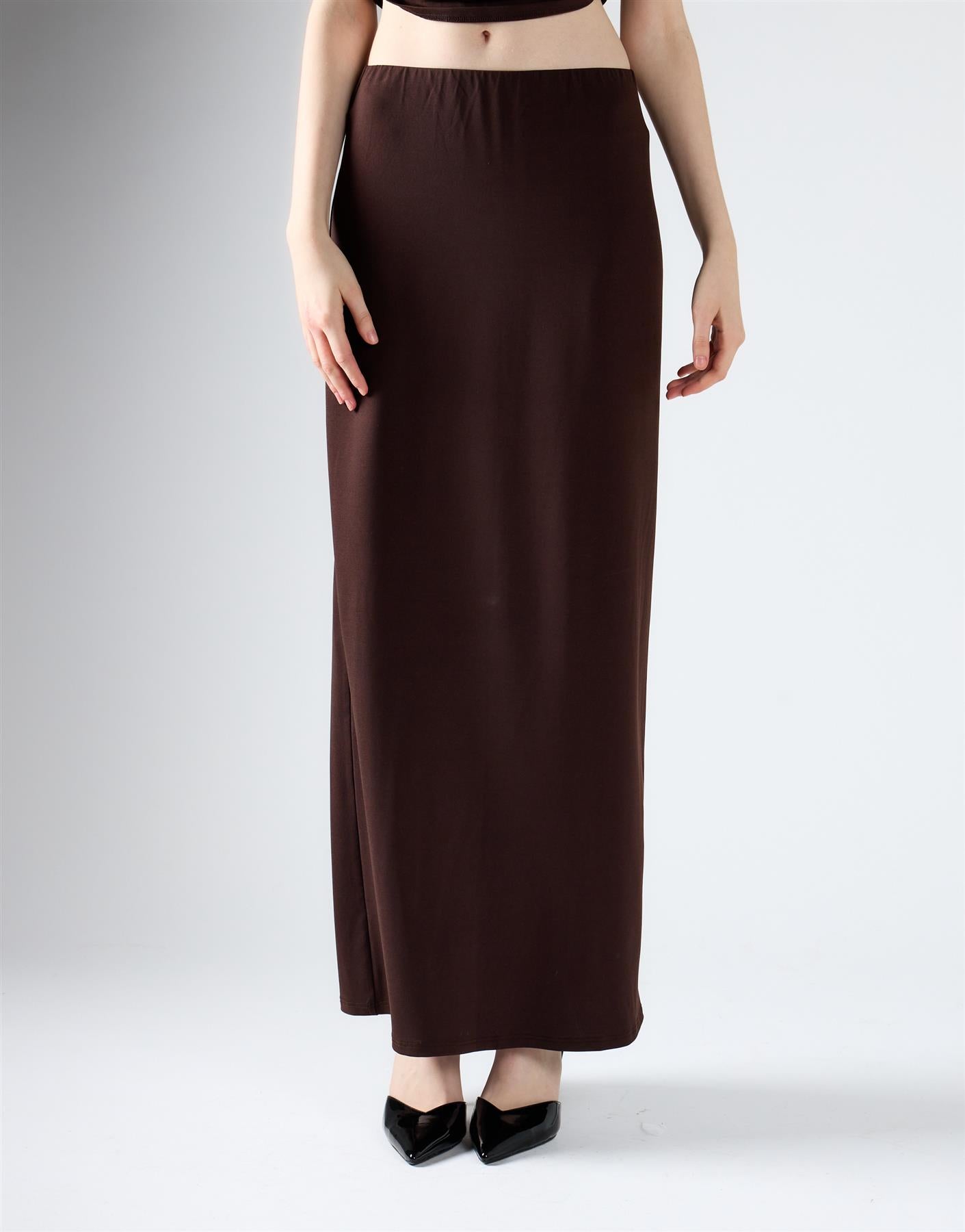 Brown Low-Waist Column Maxi Skirt