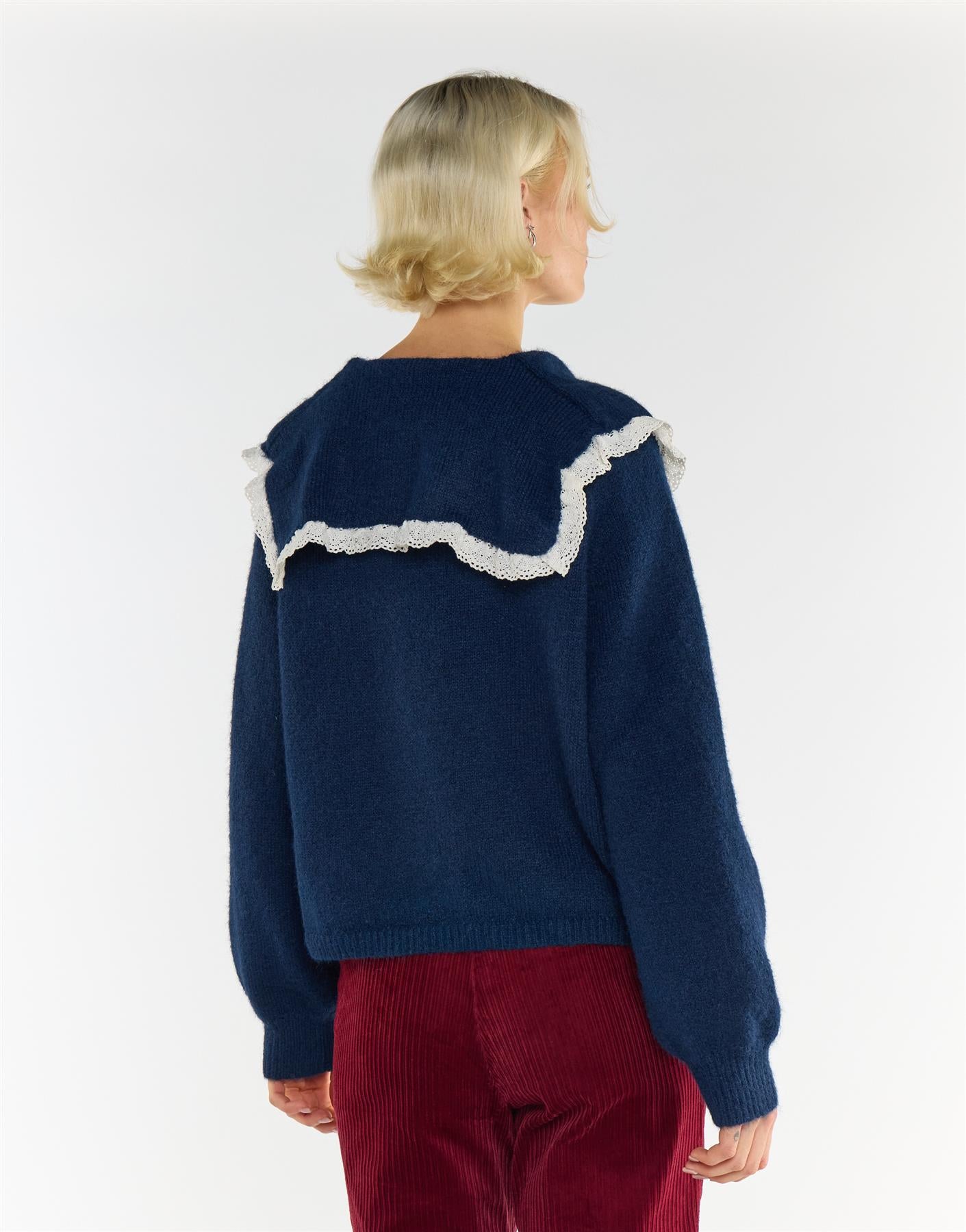 Navy Ruffle Trim Collar Tie-front Cardigan