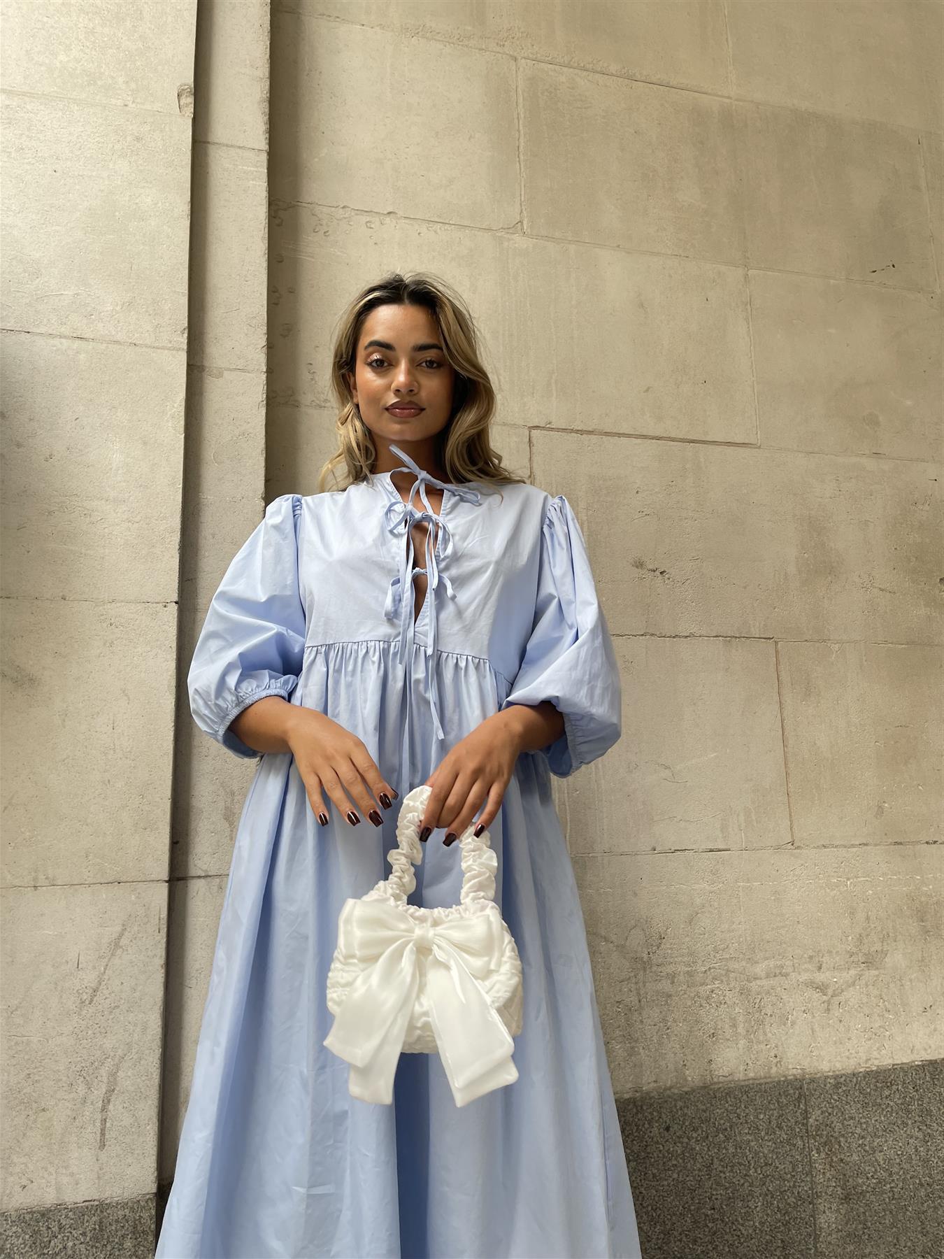 Powder-Blue Tie-Front Midi-Dress