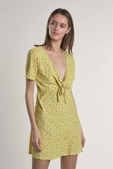 Yellow-Multi-Ditsy V-Neck-Front-Knot Mini-Dress