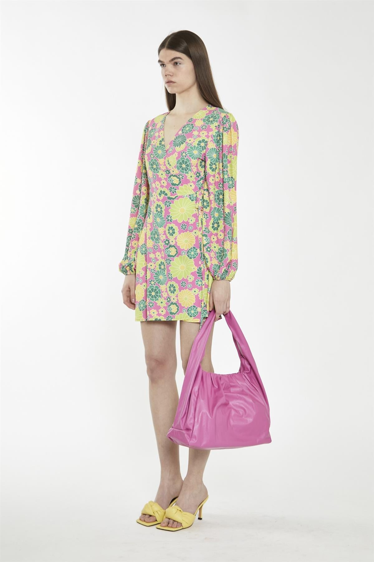 Pink-Multi-60S-Flower Wrap Mini-Dress