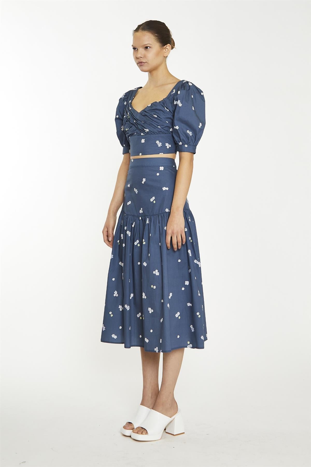 Navy Scattered Flower Sweetheart Neckline Crop-Top