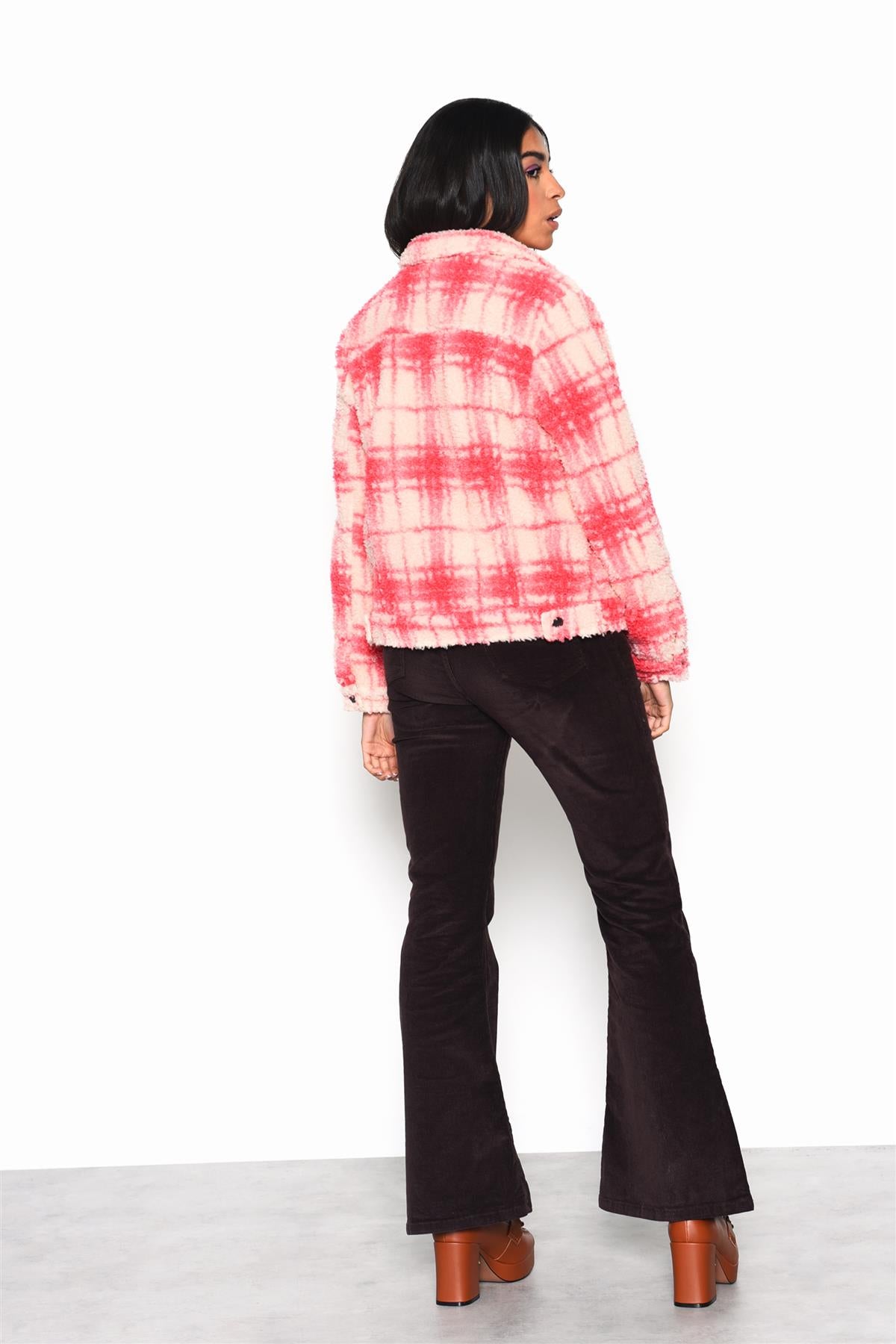 Cream Pink Check Button-Up Collared Jacket