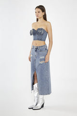 Heavy-Vintage Wash Denim Corsage Crop-Top