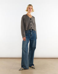 Charcoal V-Neck Button-Front Long Sleeve Cardigan