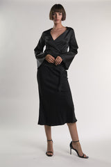 Black-Sateen Wrap Long Sleeve-Top