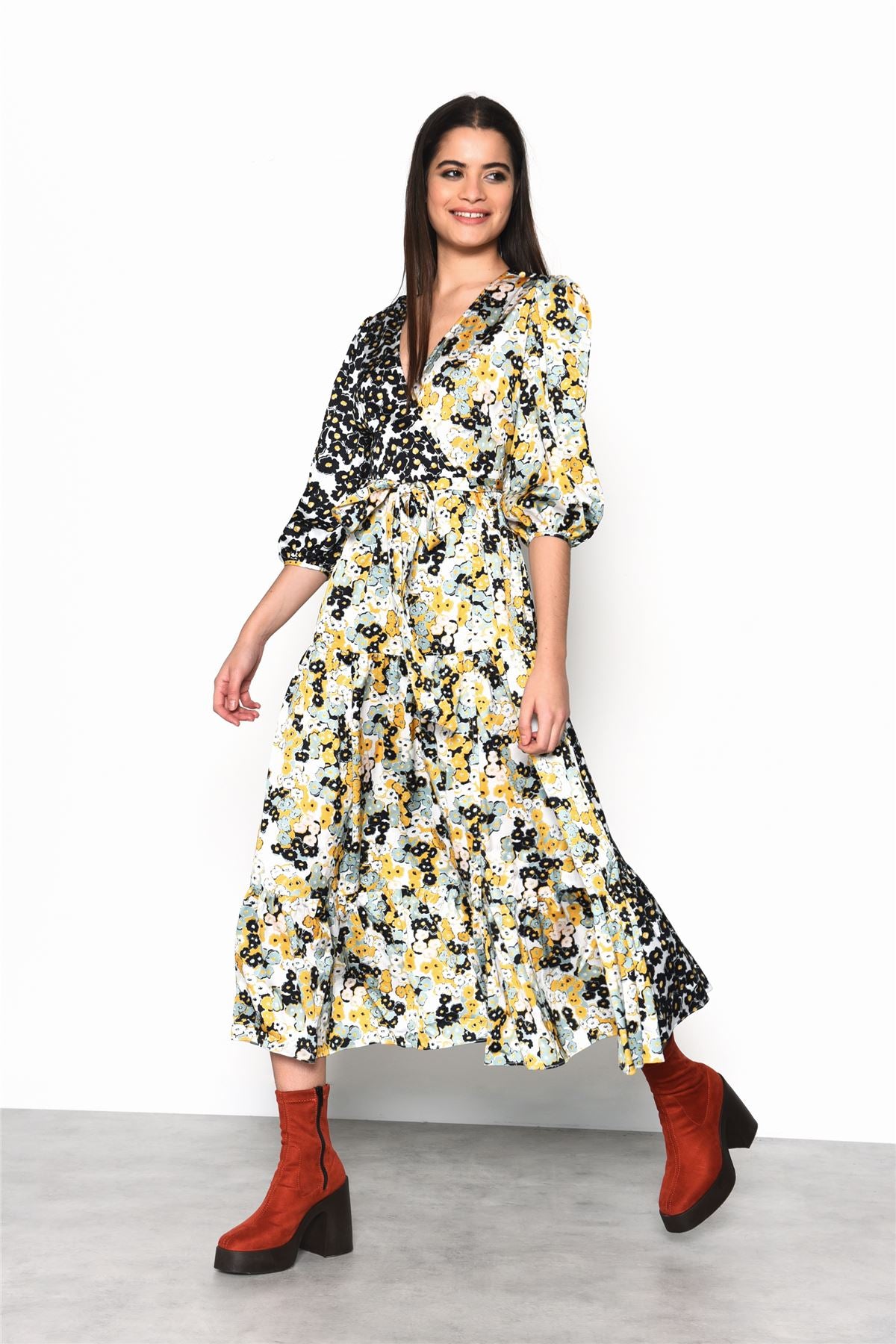 Mono Mustard Floral Wrap Front Tiered Midaxi Dress