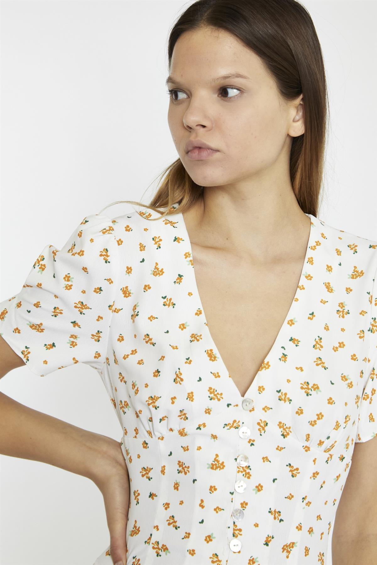 White Orange Ditsy V-Neck Button Down Mini-Dress