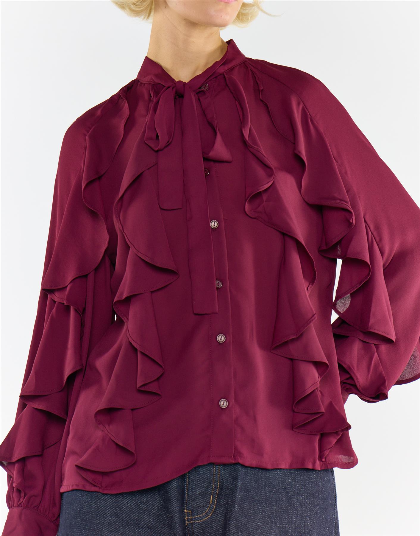 Collection Ruffled Bow Blouse in Burgundy