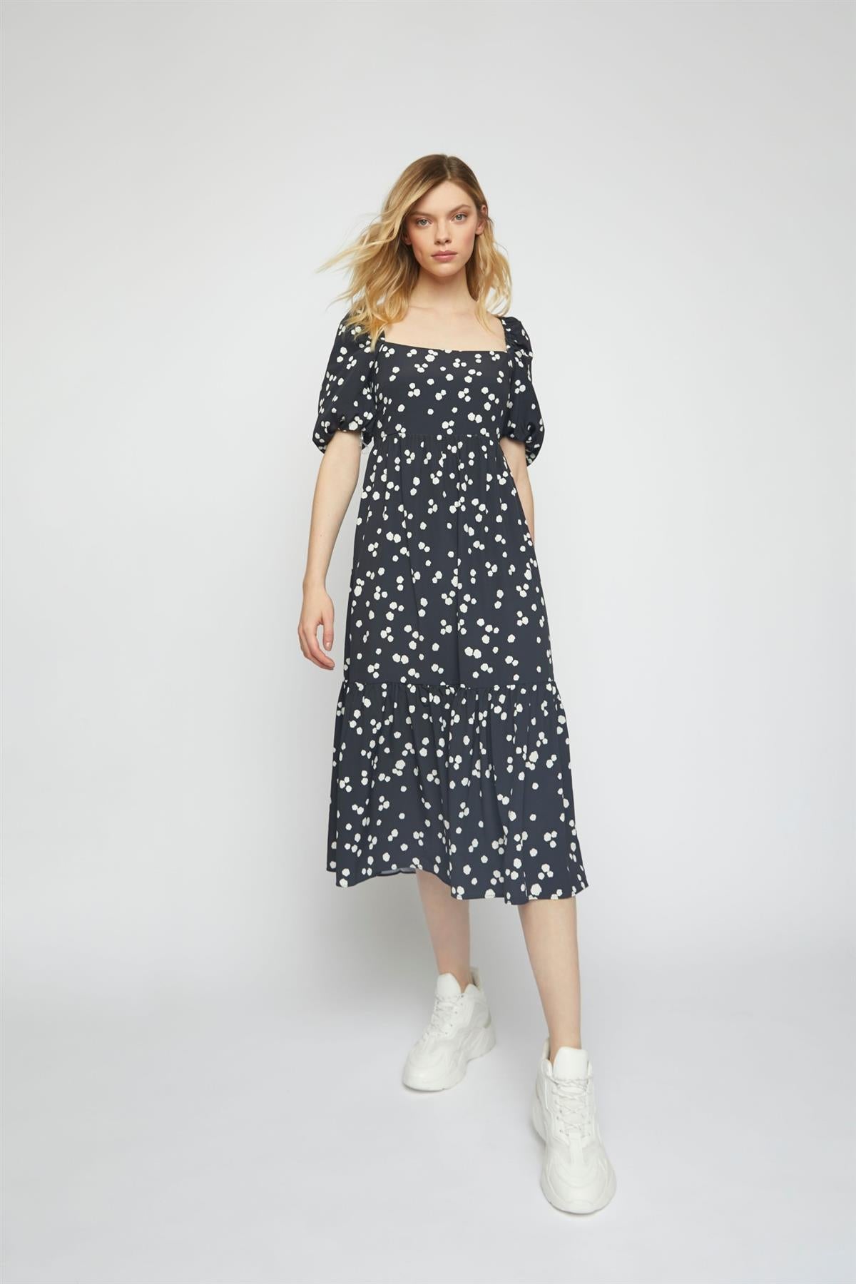 Black-White Splodge Tie-Back Smock Midi-Dress