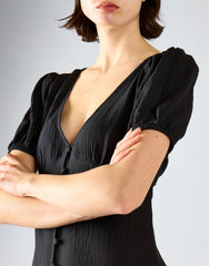 V-Neck Puff Sleeve Midi Dress - Black
