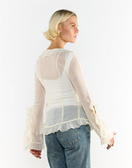V Neck Sheer Frill Blouse in Cream