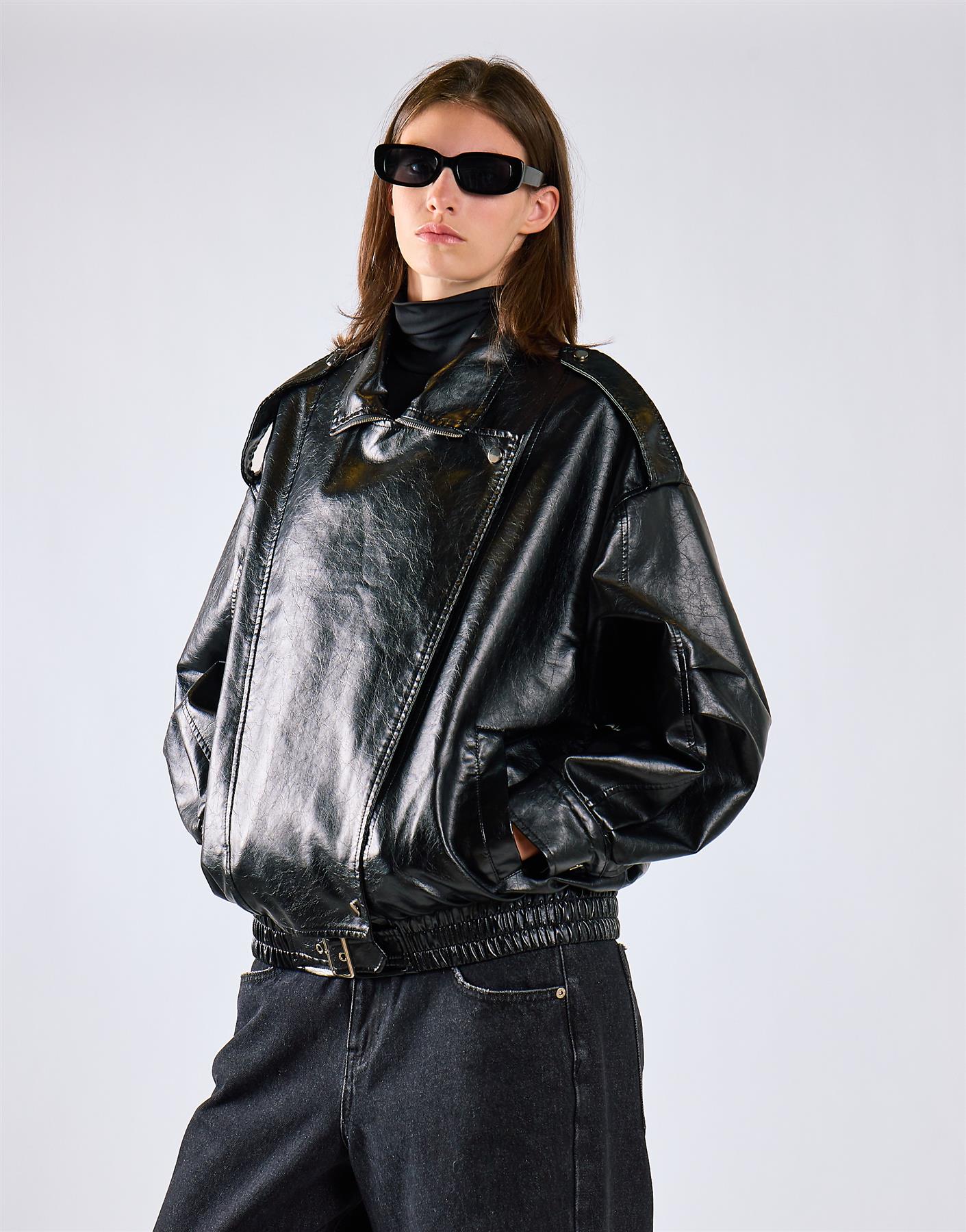 Black Oversize PU Jacket