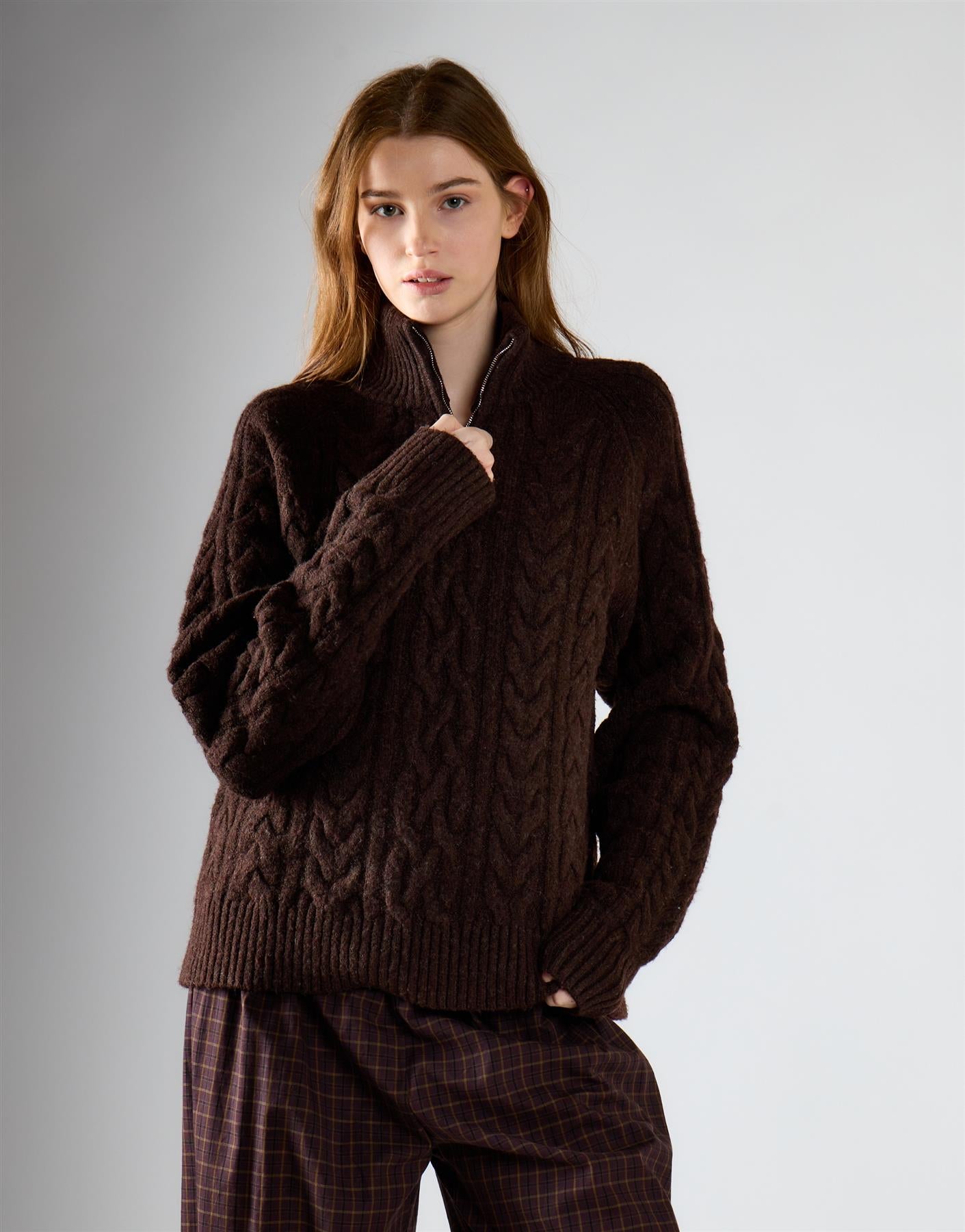Dark Brown Marl Cable Knit Quarter Zip Jumper