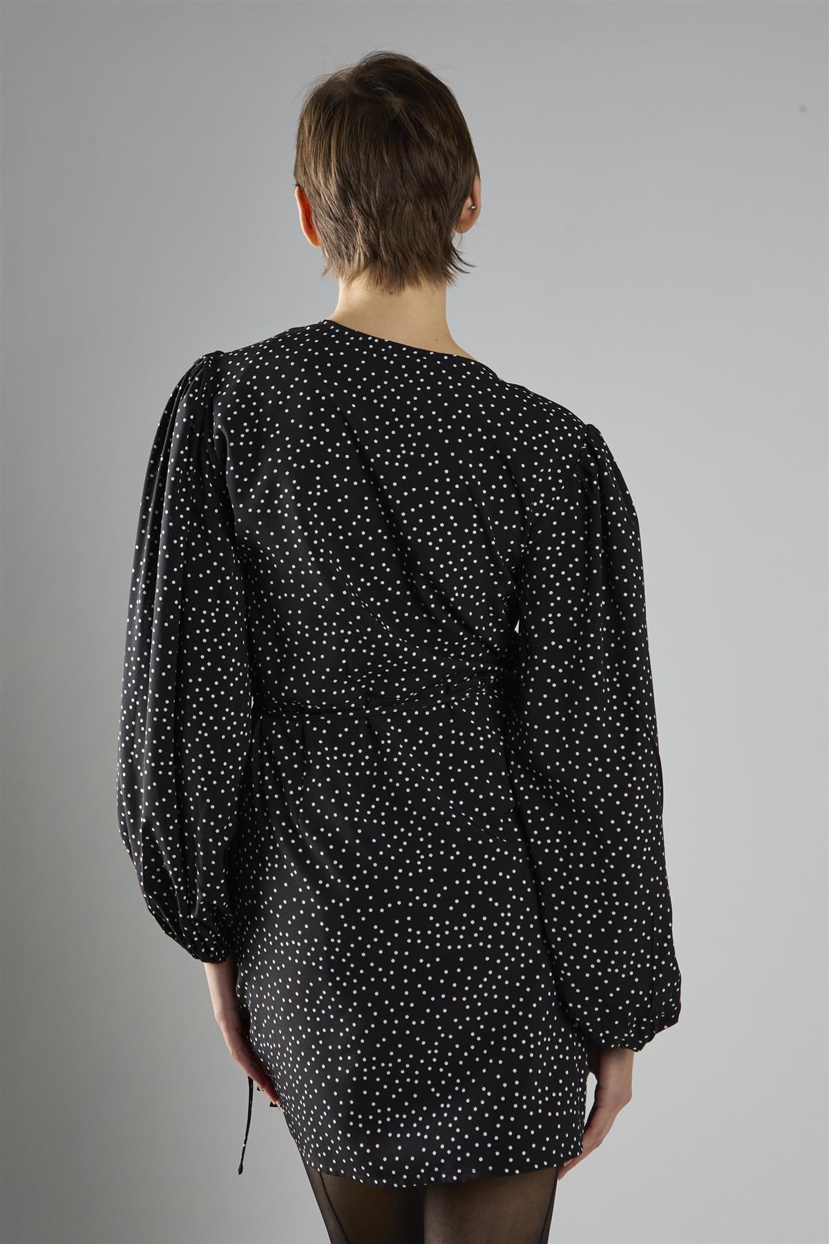 Black Polka Dot Wrap Mini Dress