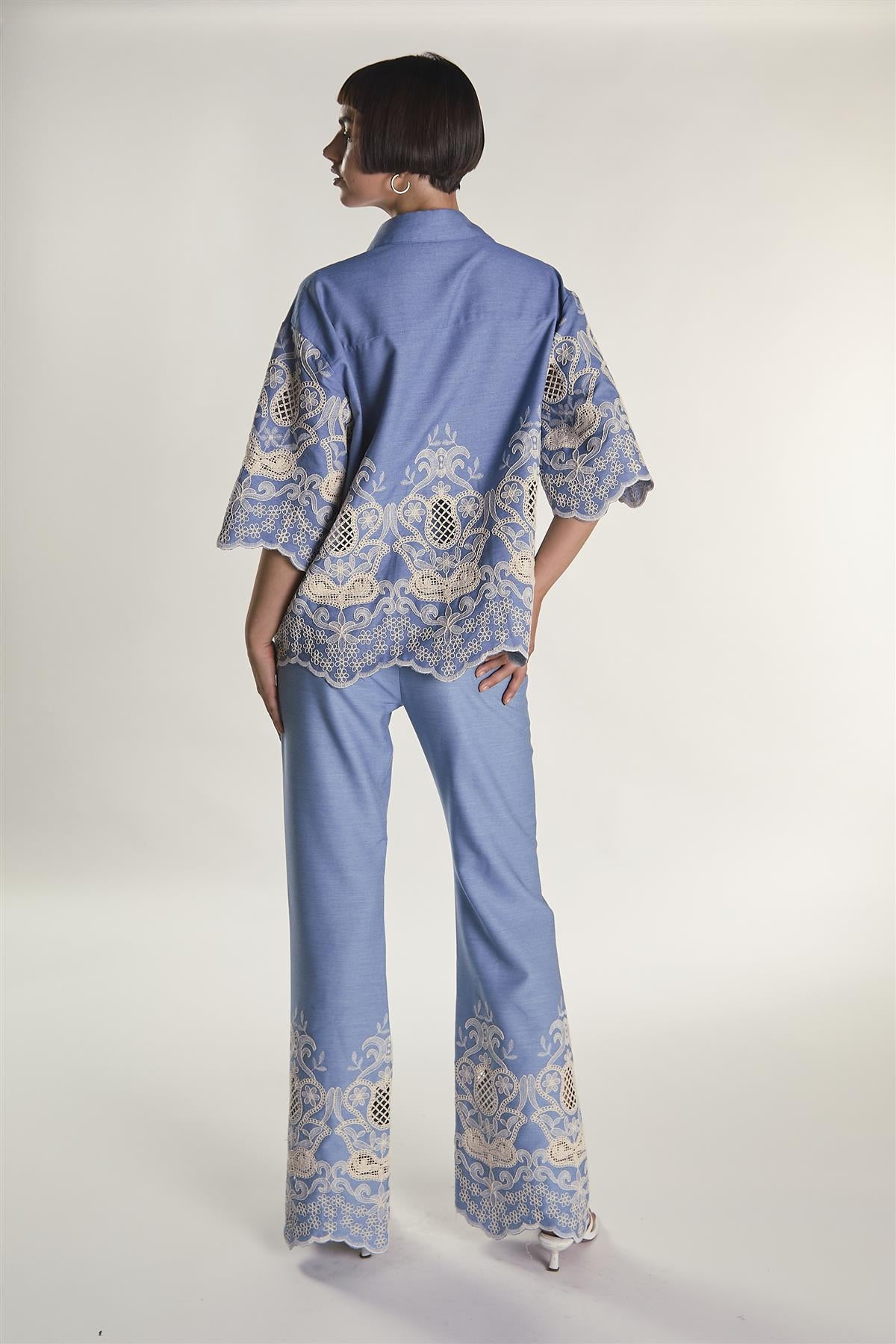Embroidered Chambray High Waisted Flared Trousers
