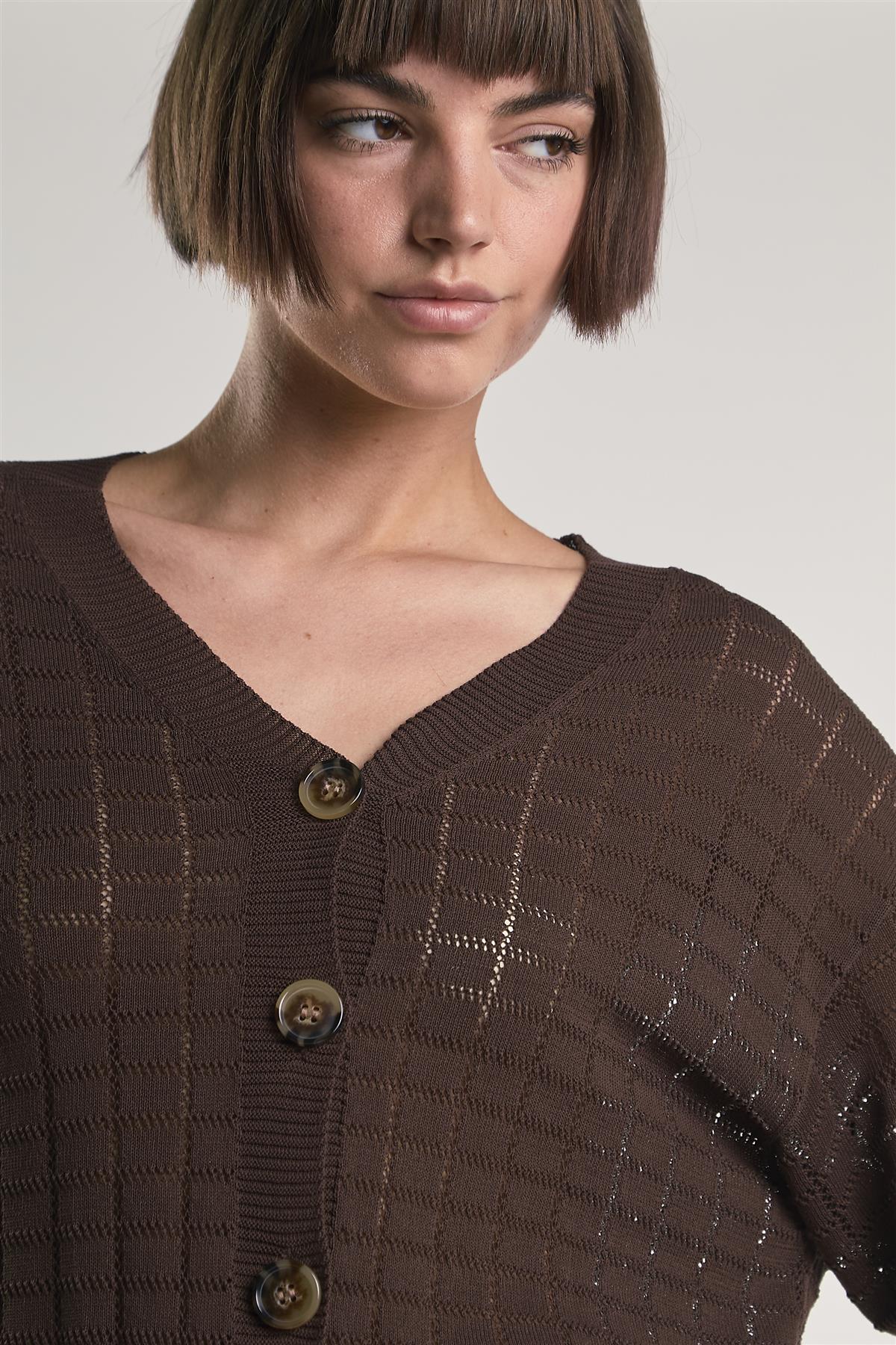 Brown V-Neck Button Knit Shirt