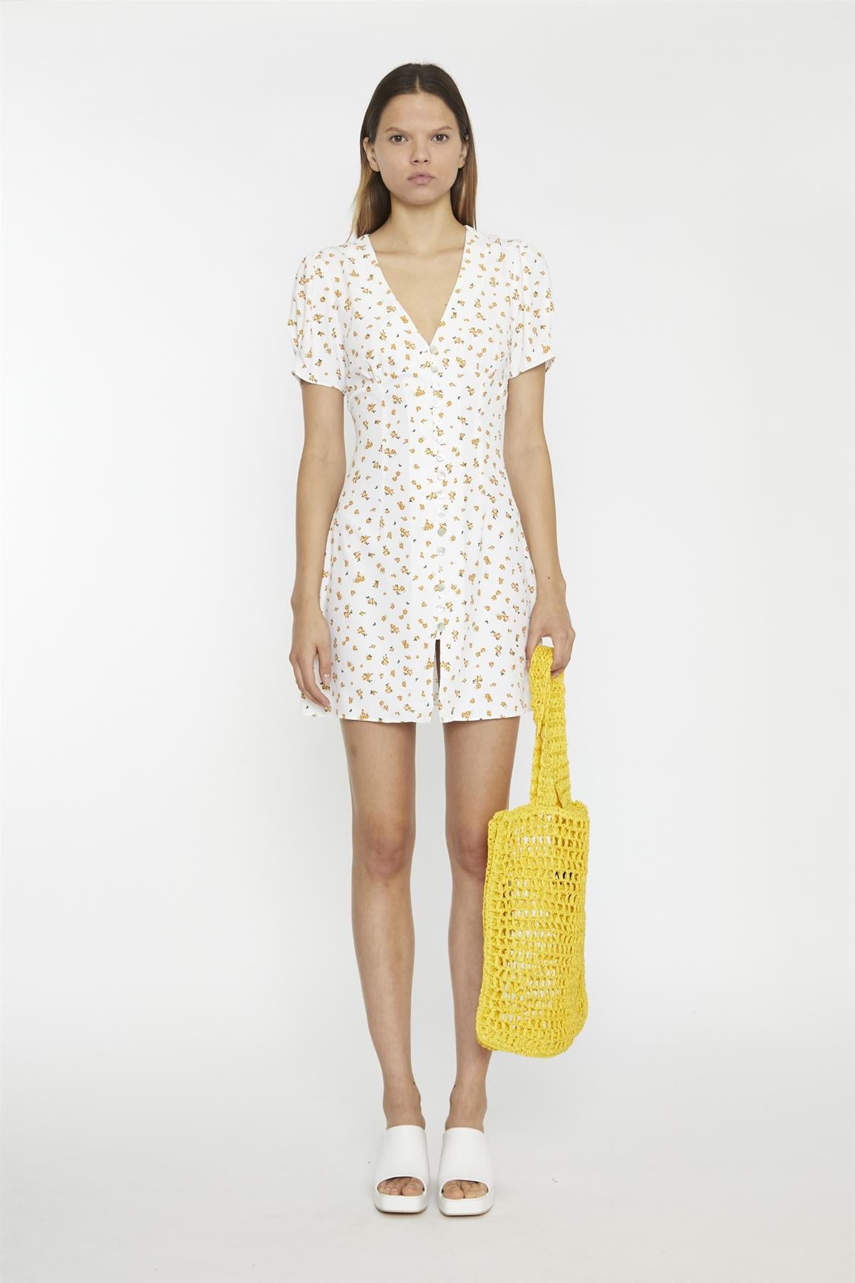 White Orange Ditsy V-Neck Button Down Mini-Dress