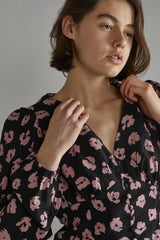 Black-Pink-Splodge Long-Sleeve-Button-Front V-Neck-Blouse