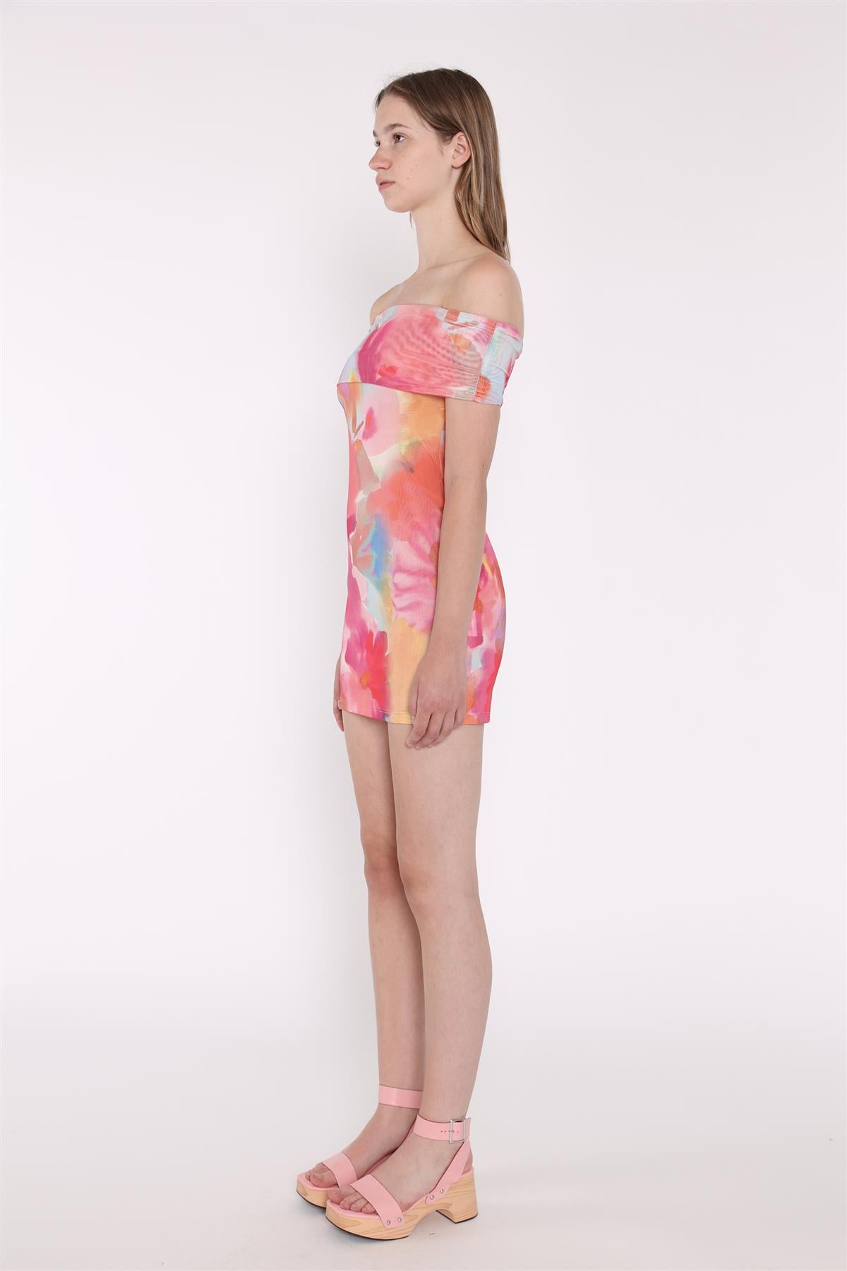 Multi Watercolour Flower Bardot Mini Dress