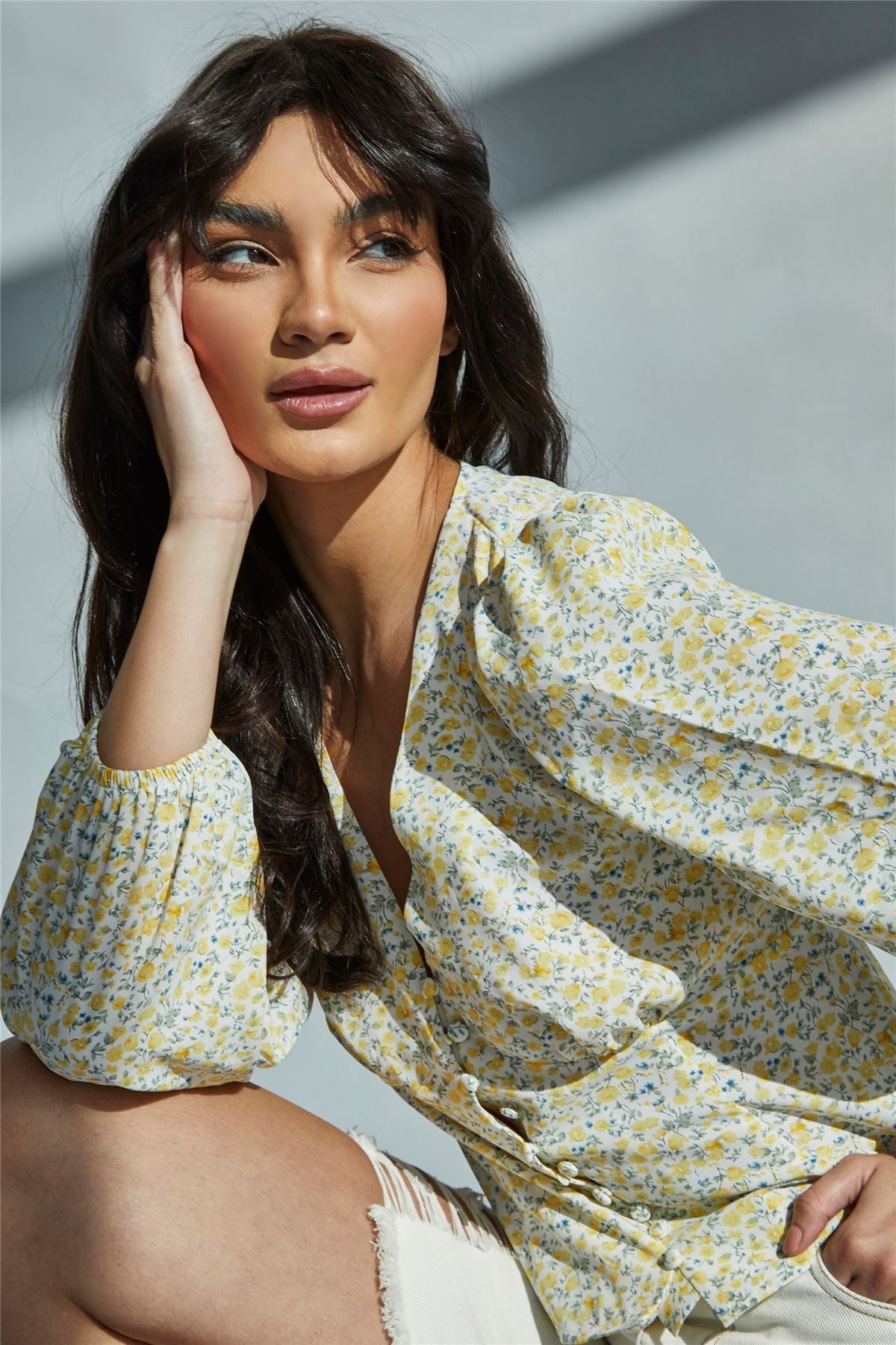 Yellow Vintage daisy V-Neck Button Front Blouse