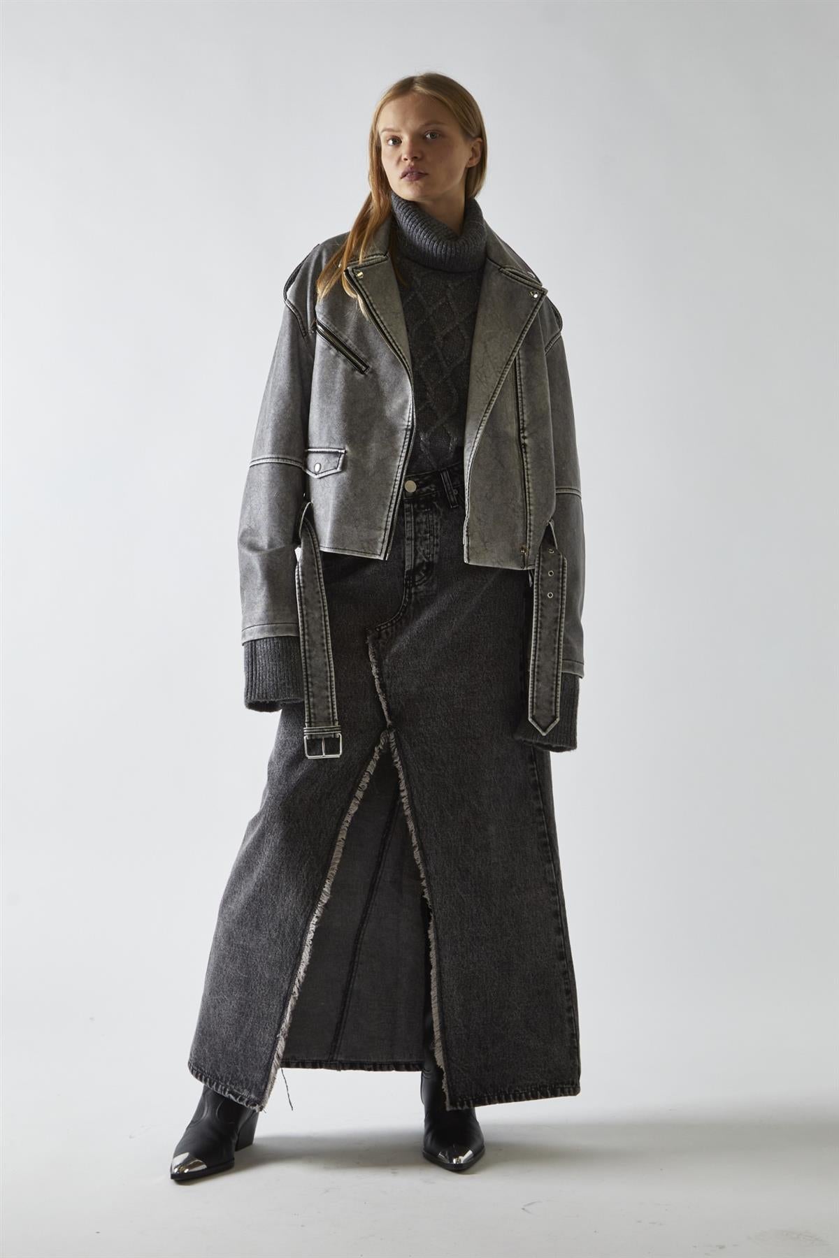 Biker Long sleeve Jacket - Grey Distressed Pu