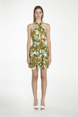 Large-Brown-Green-Floral Crossover-Halter-Neck-Rara- Mini-Dress