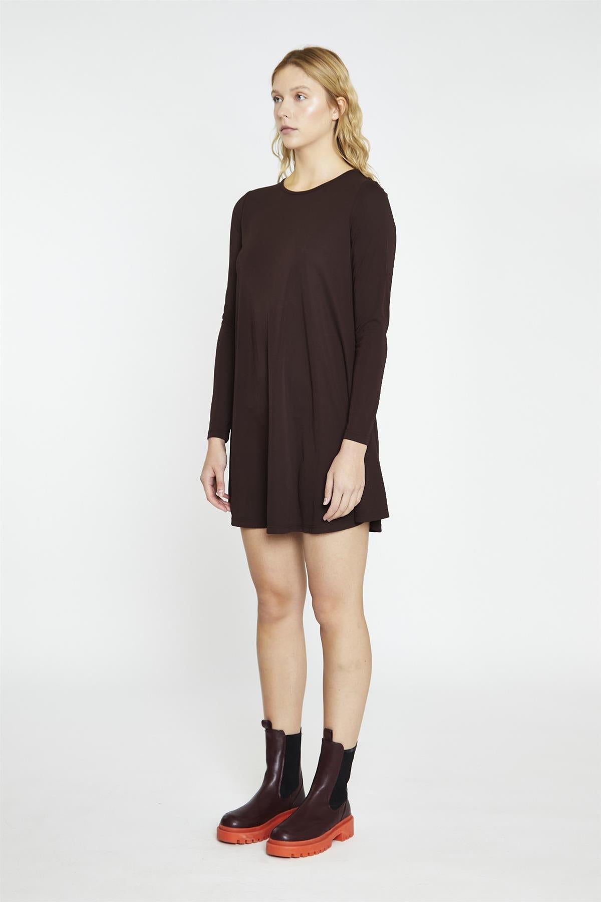 Dark-Brown Basic Long-Sleeve Mini-Dress