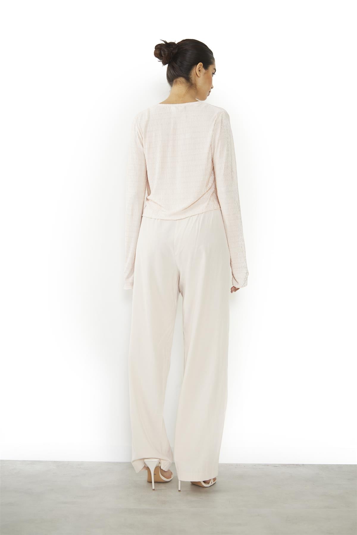 Soft-Pink-Plisse Front-Tie Long-sleeve-Top