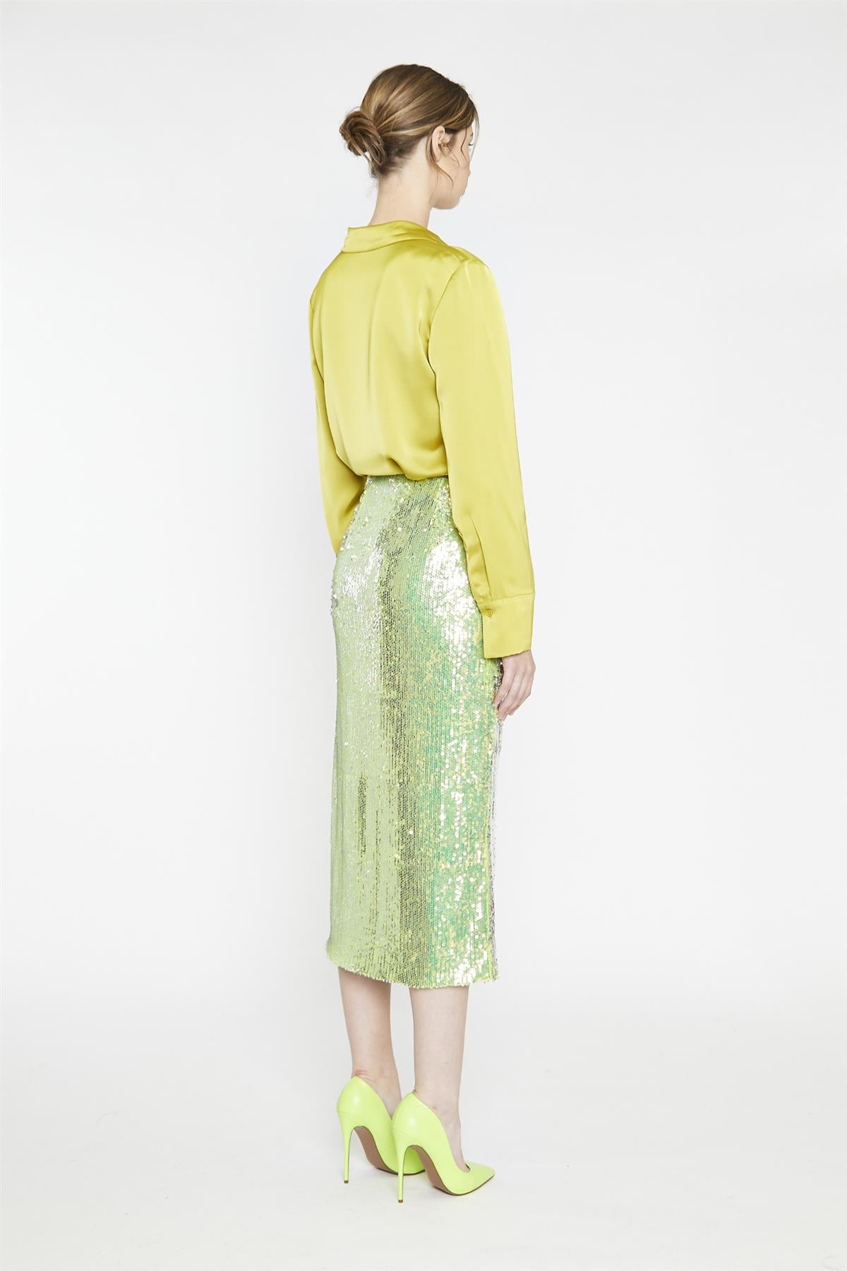 Iridescent-Lime-Sequin Side-Split Midi-Skirt