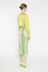 Iridescent-Lime-Sequin Side-Split Midi-Skirt