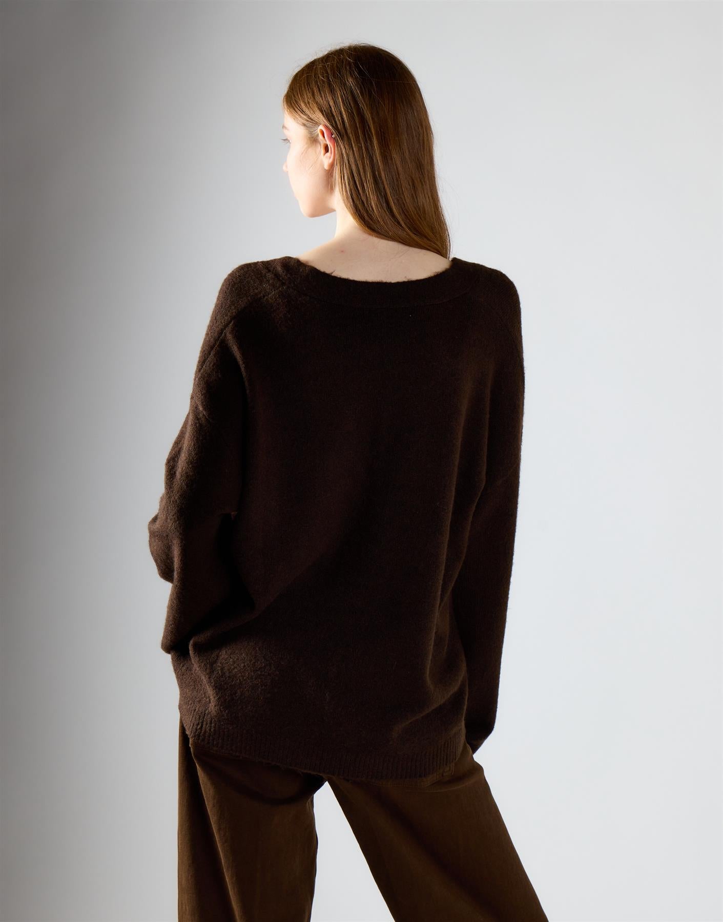 Khaki Brown V-Neck Cardigan With Pockets