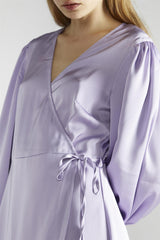 Lilac-Satin Wrap Midi-Dress