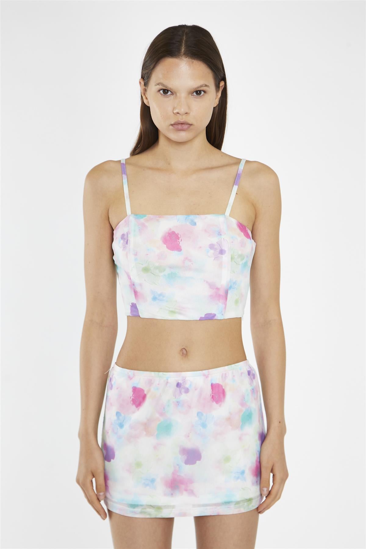 Watercolour Floral Mesh Square Neck Crop Top