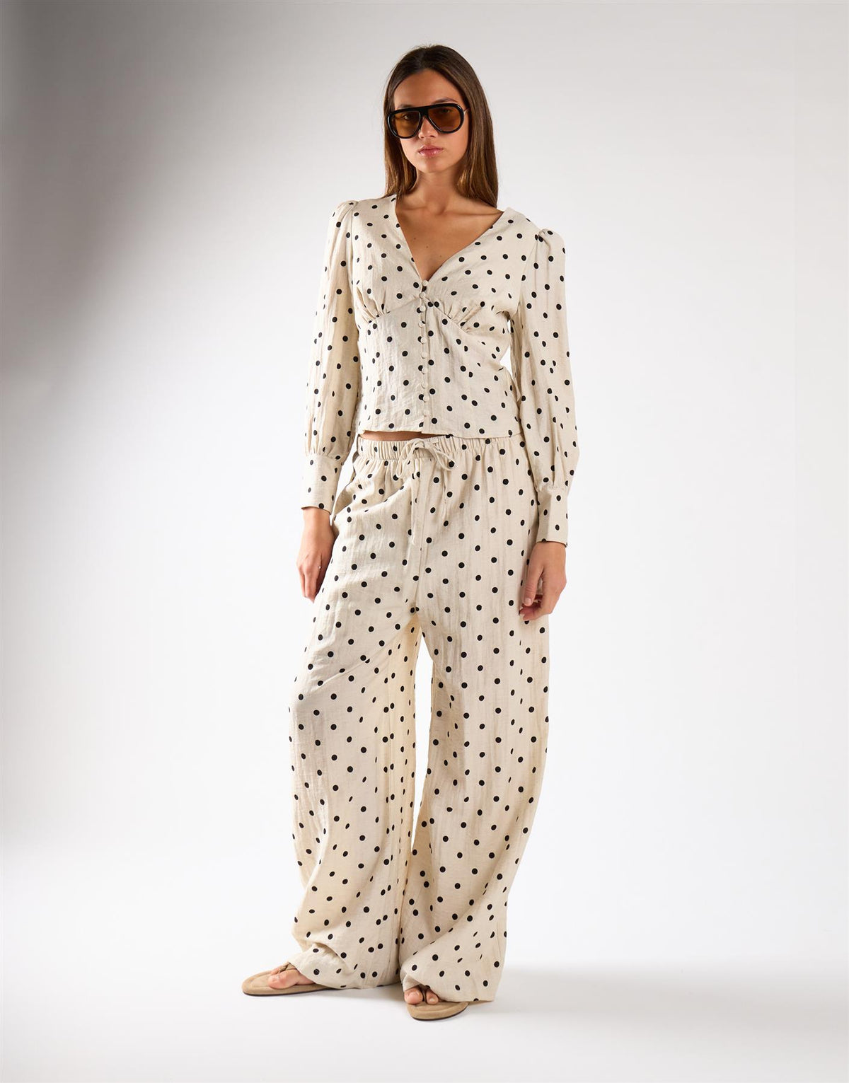 Natural Black Spot Wide Leg Tie-Waist Trousers