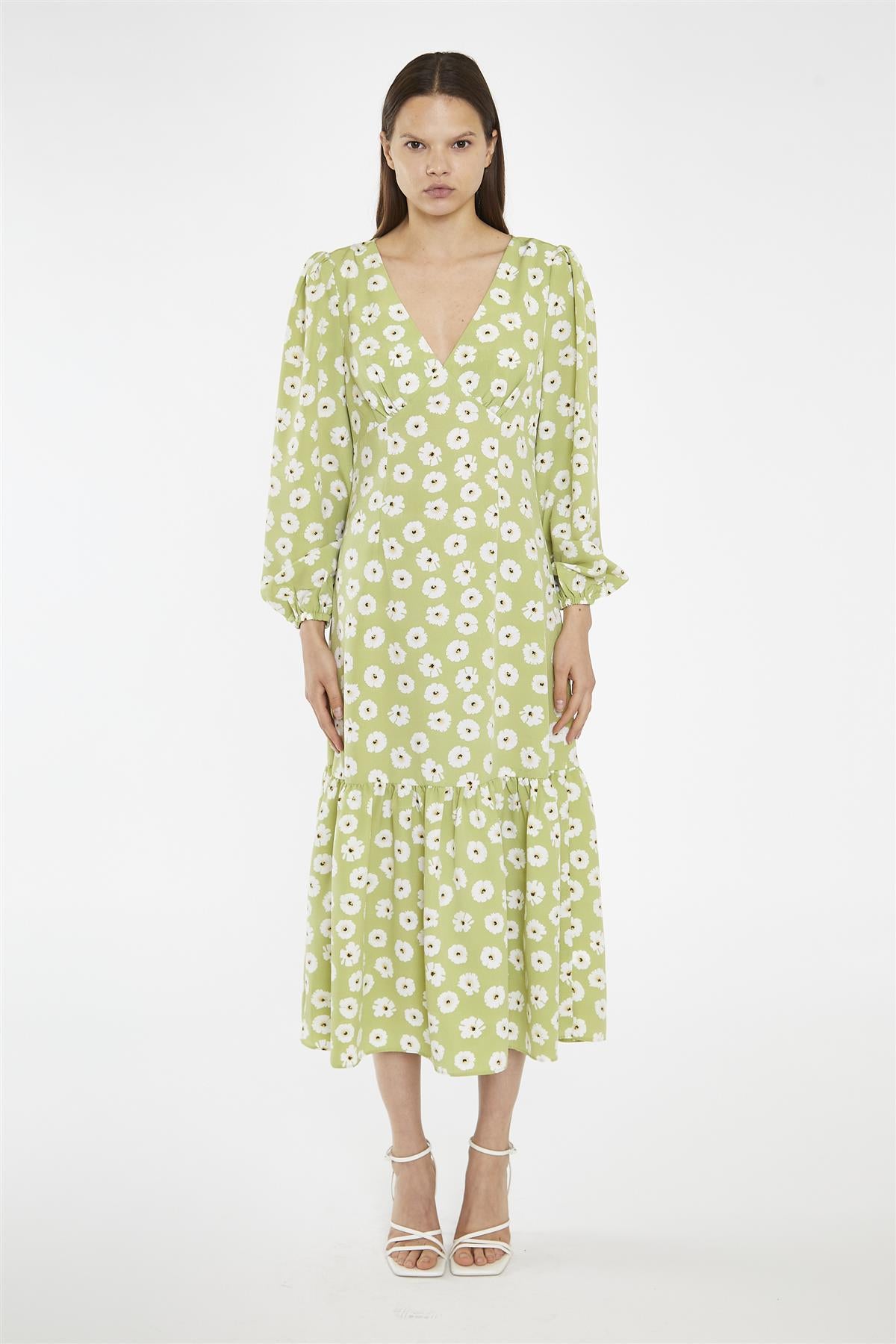 Skater Midi Dress - Olive Green Flower