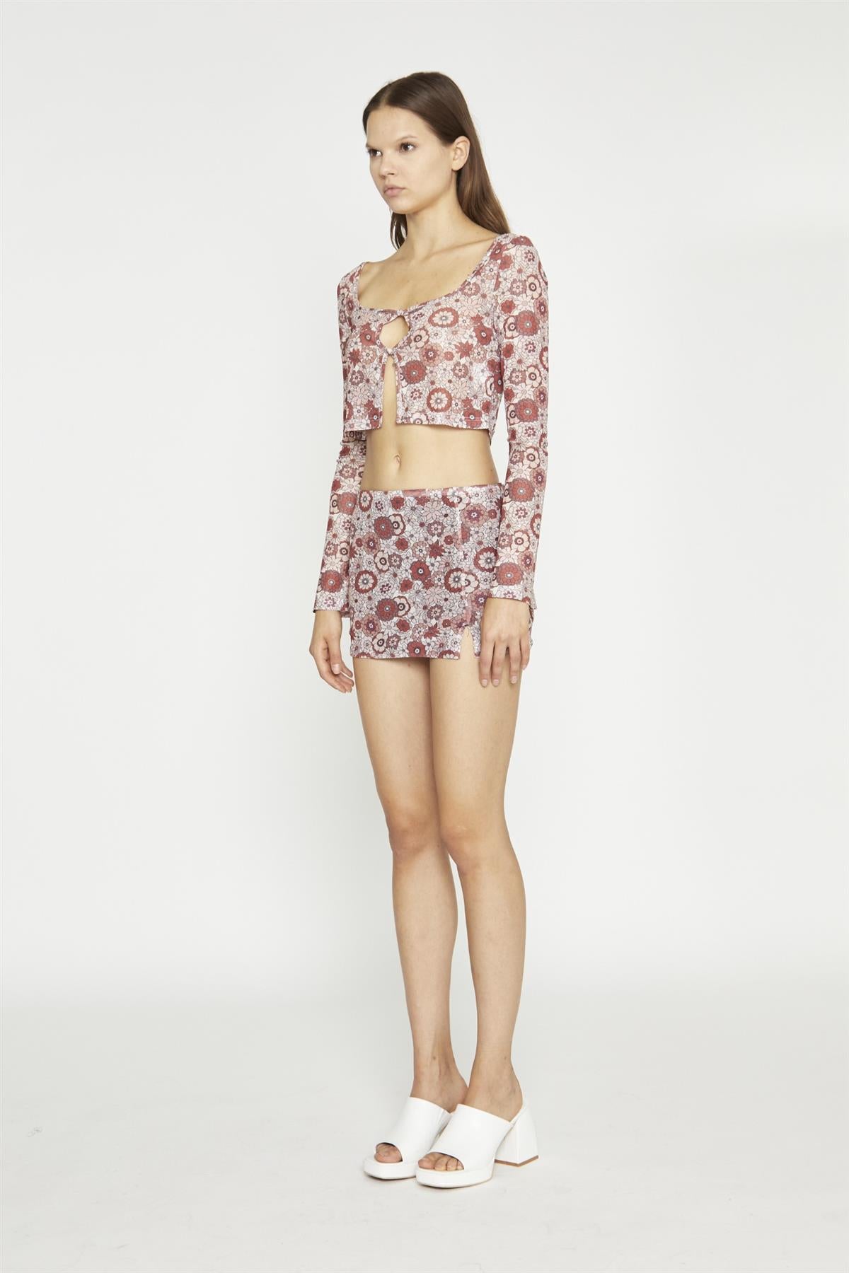 Nude Brown Vintage Floral Split Mini-Skirt