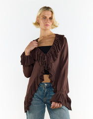 Ruffle Tie Front Top In Brown