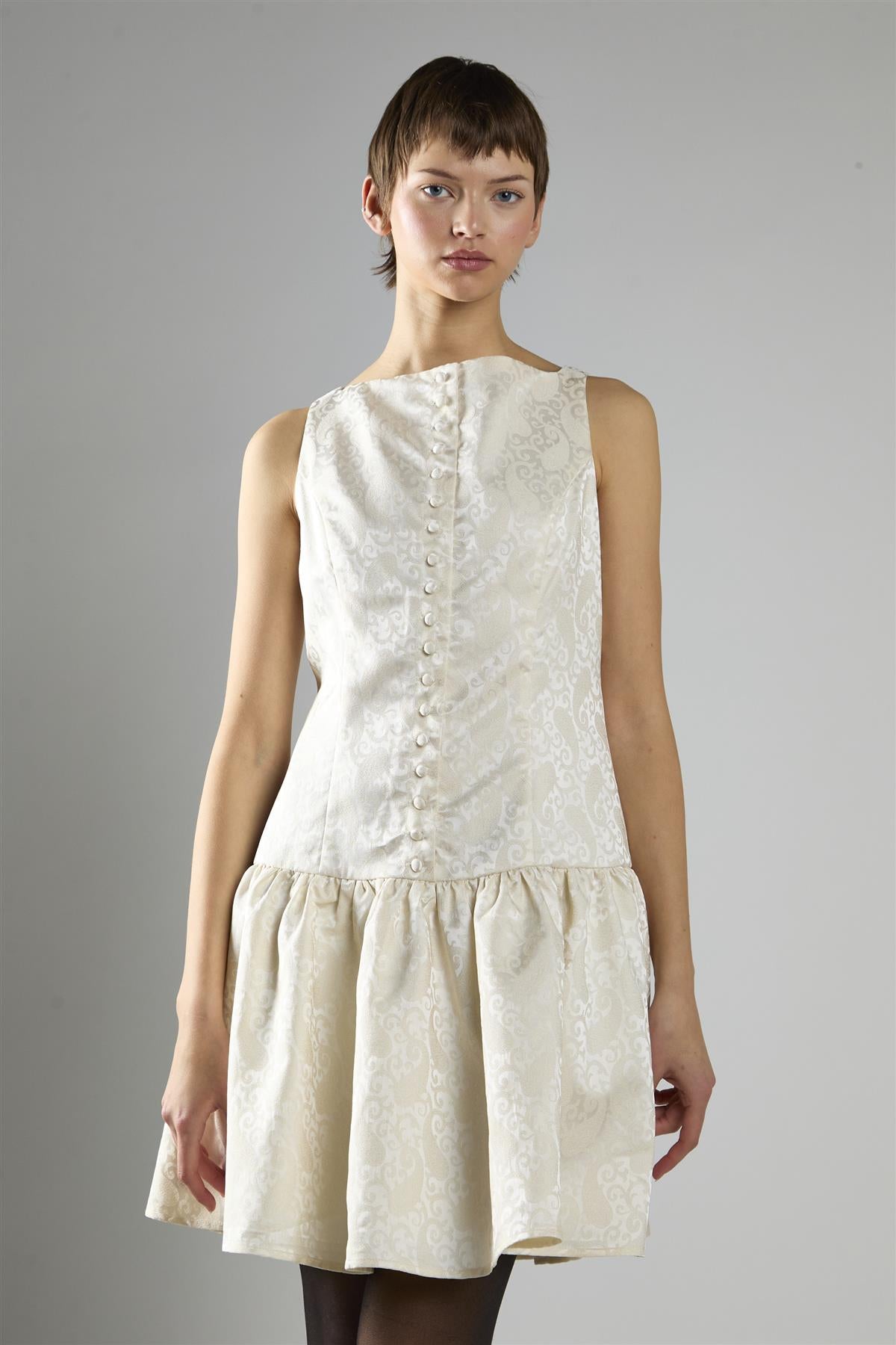 Cream Brocade Sleeveless Button-Front A-Line Dress