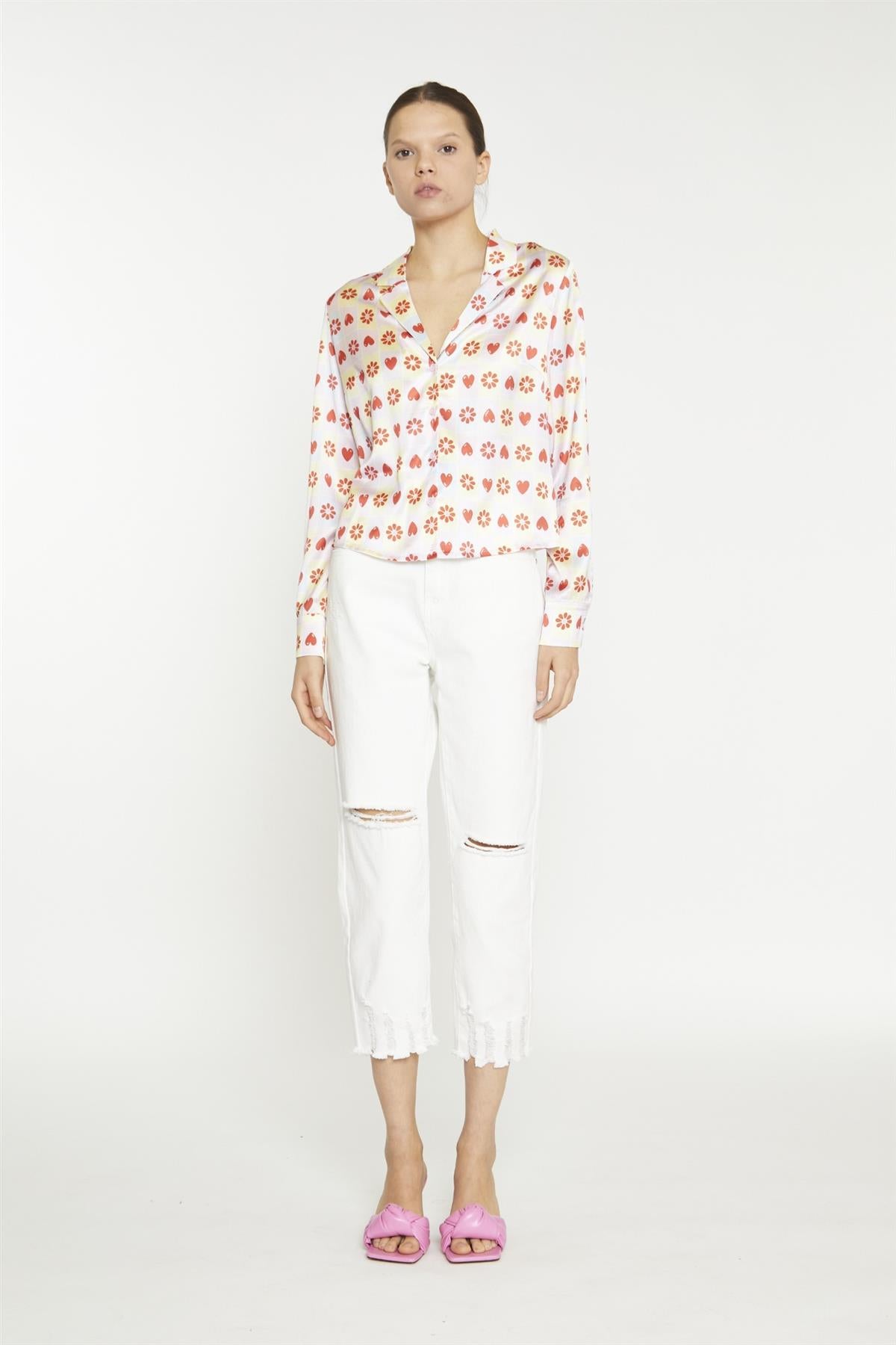 Pastel Tile Print Floral Button-Up Crop-Top