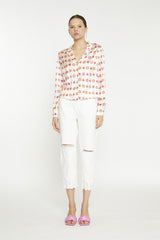 Pastel Tile Print Floral Button-Up Crop-Top