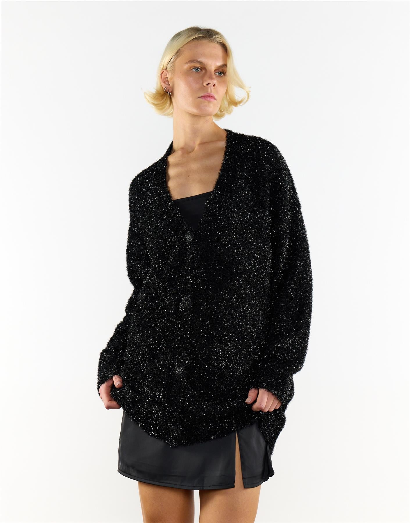 Black-Tinsel Oversized Long Sleeve Cardigan