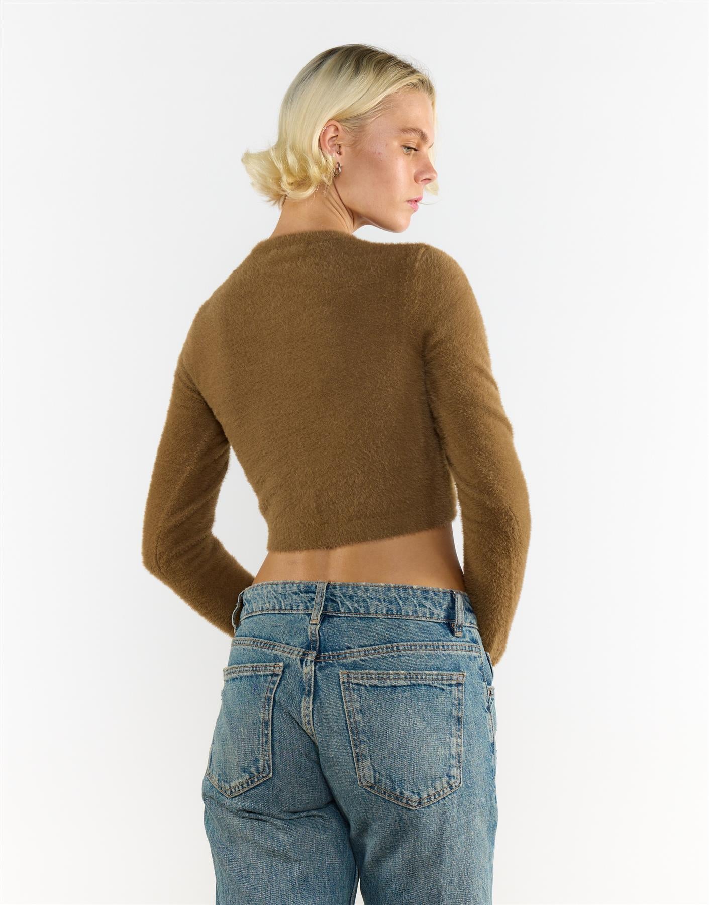 Mocha Long-Sleeve-Button-Front Crop-Top