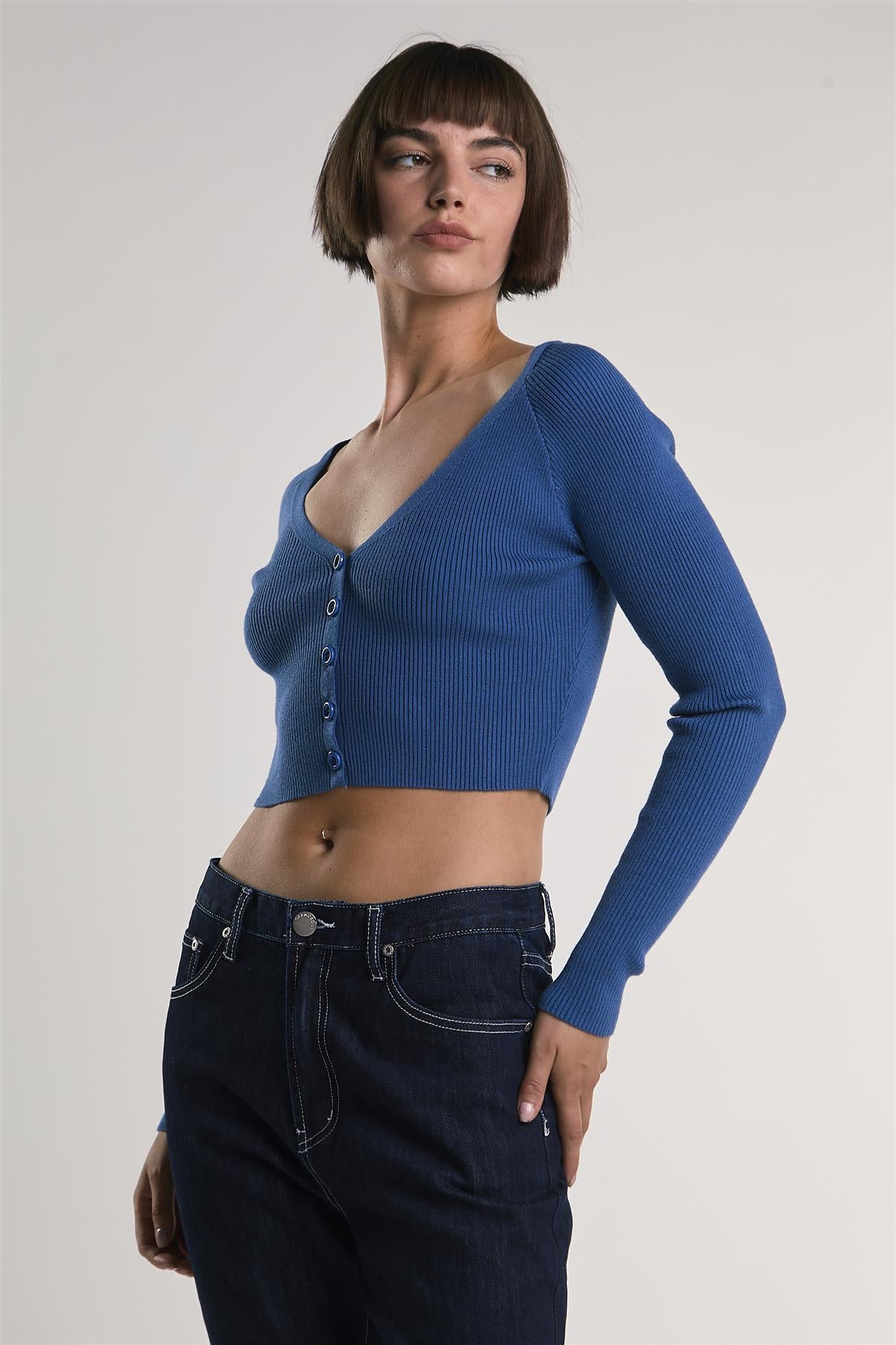Legion-Blue Ribbed-Long-Sleeve Crop-Top