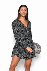 Black-White-Flower V-Neck Skater Mini-Dress