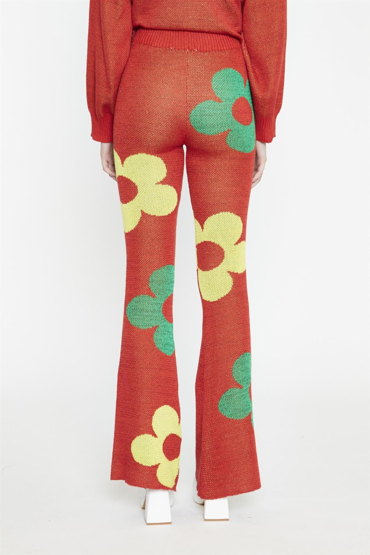Red-Multi-Glitter Floral-Knit Flared-Leggings