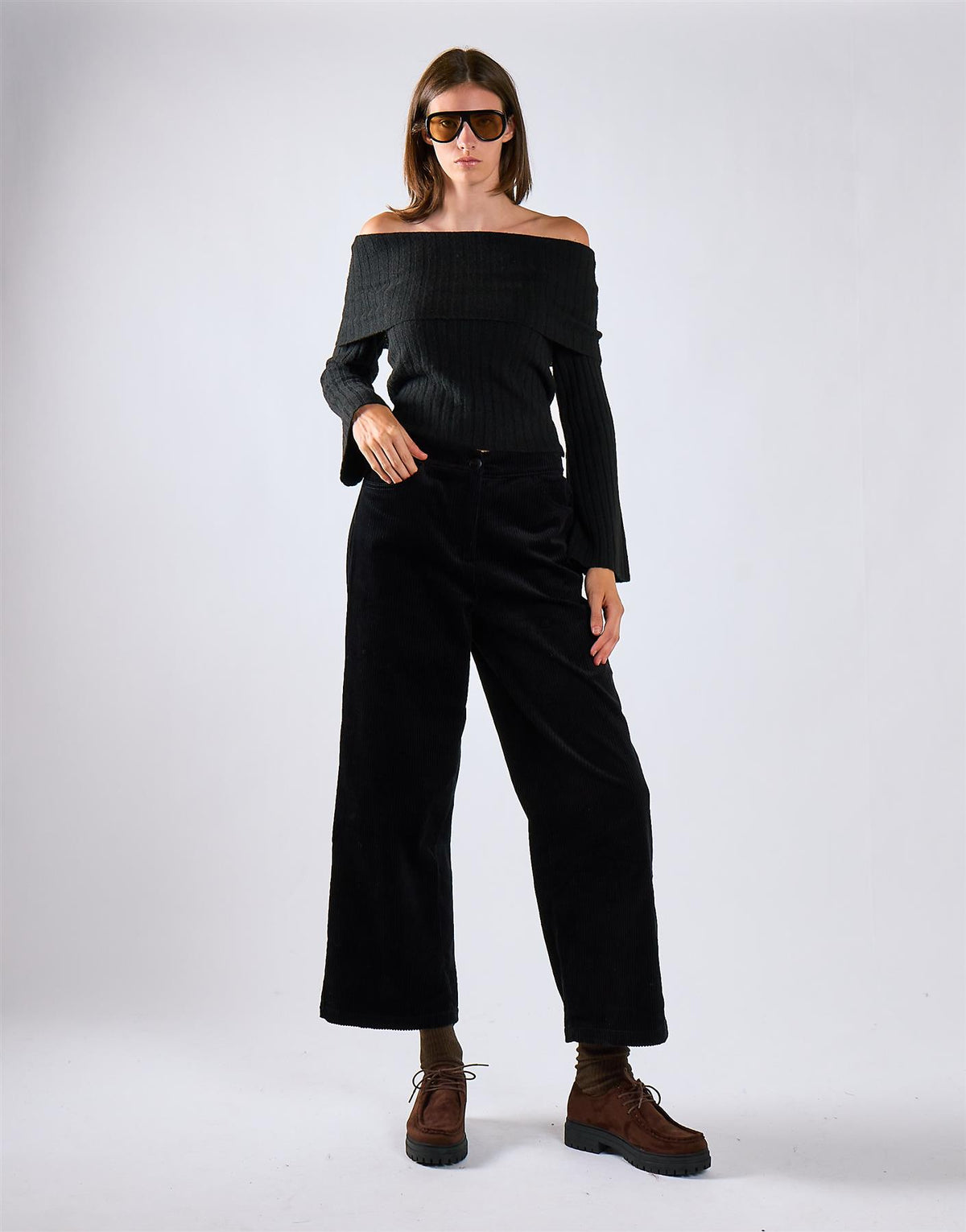 Black Corduroy Wide Leg Trousers