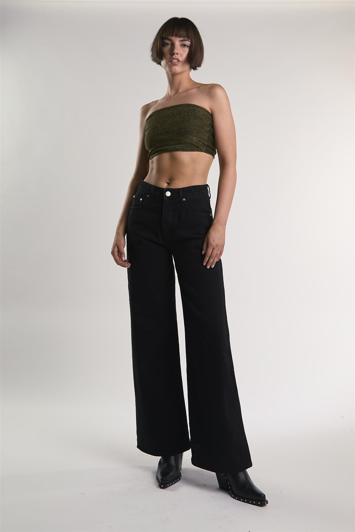 Black-Silver-Glitter Bandeau Crop-Top