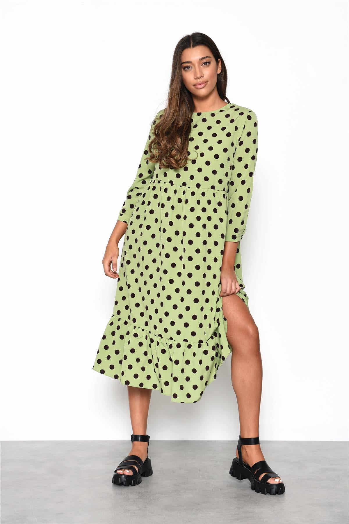 Green Brown Polka Dot Frill Midi Dress