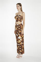 Brown Digital-Leaf Bodycon Maxi-Skirt